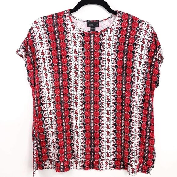 J. Jill Wearever Red Floral Scoop Neck Cap Sleeve Top - Picture 1 of 9